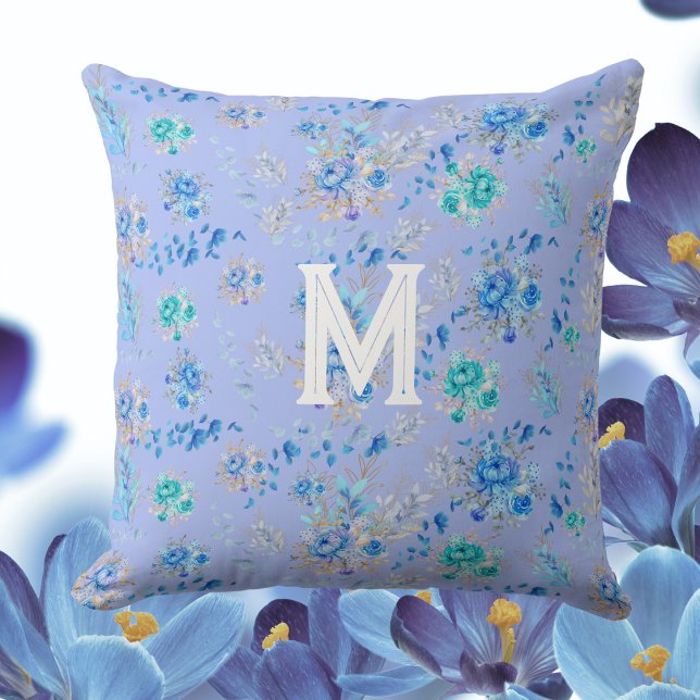  Blauw Floral Monogram Kussen (Creator heeft geüpload)