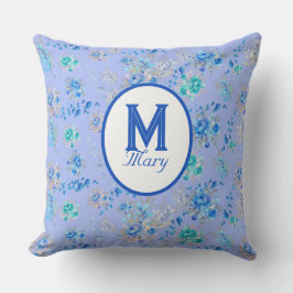  Blauw Floral Monogram Kussen