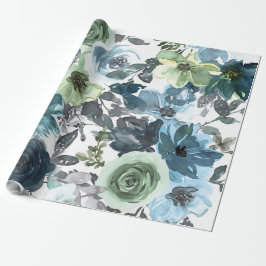 Blauw Floral Patroon, artistieke Waterverf Cadeaupapier