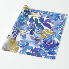 Blauw Floral Patroon, artistieke Waterverf Cadeaupapier