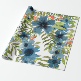 Blauw Floral Patroon, artistieke Waterverf Cadeaupapier