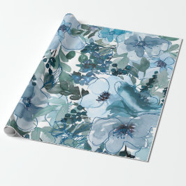 Blauw Floral Patroon, artistieke Waterverf Cadeaupapier