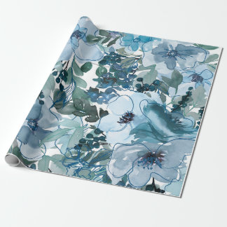 Blauw Floral Patroon, artistieke Waterverf Cadeaupapier