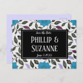 Blauw Floral Patroon sparen de Datum Aankondigingskaart (Voorkant / Achterkant)