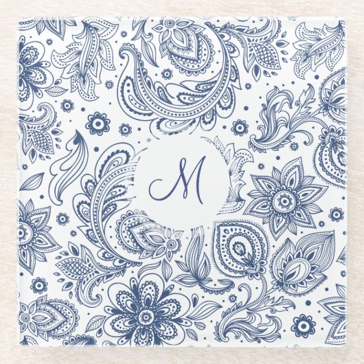 Blauw  Floral Pattern Monogram Glass Onderzetter (Voorkant)