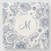 Blauw Floral Pattern Monogram Stone Onderzetter (Voorkant)