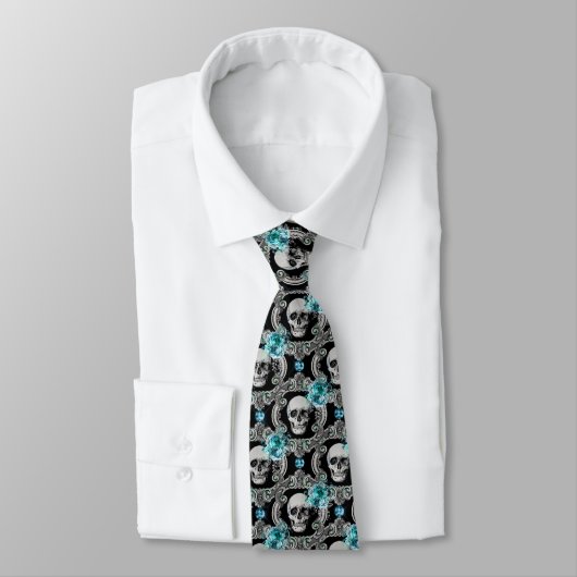 Blauw Floral Skull Pattern Stropdas (Gebonden)