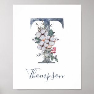 Blauw Floral Waterverf Monogram T Poster voor acht