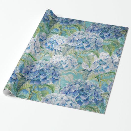 Blauw  floreel Hydrangea Bloedpatroon Cadeaupapier (Uitgerold)