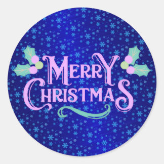 Blauw Folie Sneeuwvlokken Prettig Kerstfeest Ronde Sticker