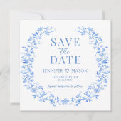 Blauw folk bloemenbewaar de Datum foto uitnodiging (Voorkant)