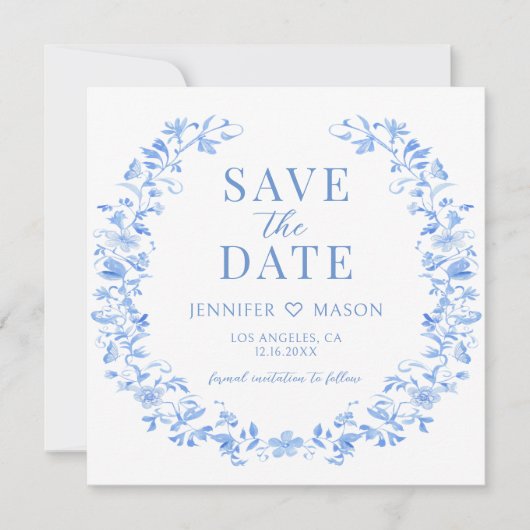 Blauw folk bloemenbewaar de Datum foto uitnodiging (Voorkant)