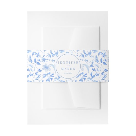 Blauw folk waterverf bloem bruiloft buik band uitnodigingen wikkel (Voorkant Voorbeeld)