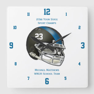 Blauw Football Helmet Name and School Clock Vierkante Klok