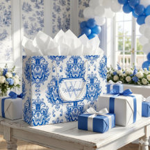 Blauw Frans Damast Toile Patroon Naam Monogram