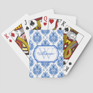 Blauw Frans Damast Toile Patroon Naam Monogram Pokerkaarten