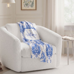 Blauw Frans Damast Toile Patroonnaam Monogram Fleece Deken