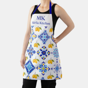 Blauw Frans Land Lemoon Patroon Monogram Naam Schort