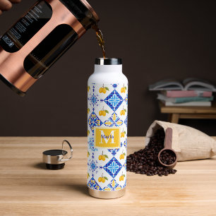 Blauw Frans Land Lemoon Patroon Monogram Naam Waterfles