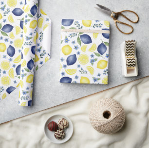 Blauw Frans landelijk citroenpatroon Cadeaupapier