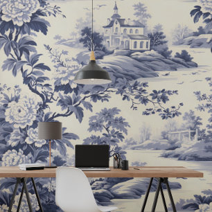 Blauw Frans Stijl Toile De Jouy Behang