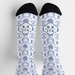 Blauw Frans Toile patroon bloem naam monogram Sokken