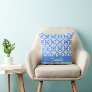 Blauw Frans Toile Patroon Naam Kussen