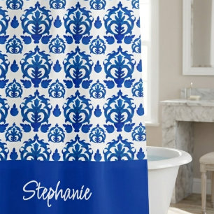 Blauw Frans Toile patroon naam monogram Douchegordijn