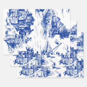 Blauw Frans Toile Ronde Inpakpapier Vel