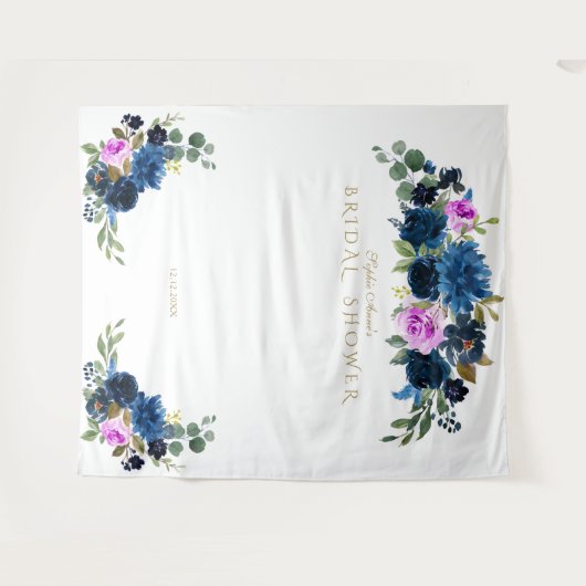 Blauw Fuchsia Bloem Bruiloft Foto Booth Prop Wandkleed (Voorkant (horizontaal))