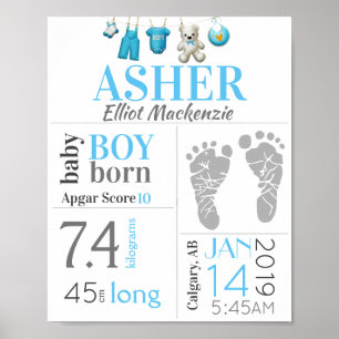 Blauw geboorteteken voor babyjongen met voetafdruk poster