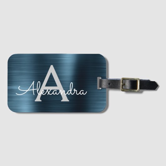 Blauw geborsteld Metaal Monogram Naam en Initiaal Bagagelabel (Voorkant (horizontaal))