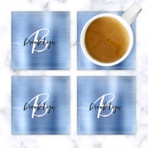 Blauw Geborsteld Metaal Zwart Wit Schrift Monogram Glazen Onderzetter