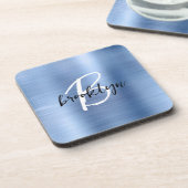 Blauw geborsteld metaal zwart wit script monogram bier onderzetter (Linkerzijde)