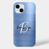 Blauw geborsteld metaal zwart wit script monogram Case-Mate iPhone case (Achterkant)