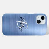 Blauw geborsteld metaal zwart wit script monogram Case-Mate iPhone case (Achterkant (horizontaal))