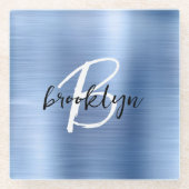 Blauw geborsteld metaal zwart wit script monogram glazen onderzetter (Voorkant)