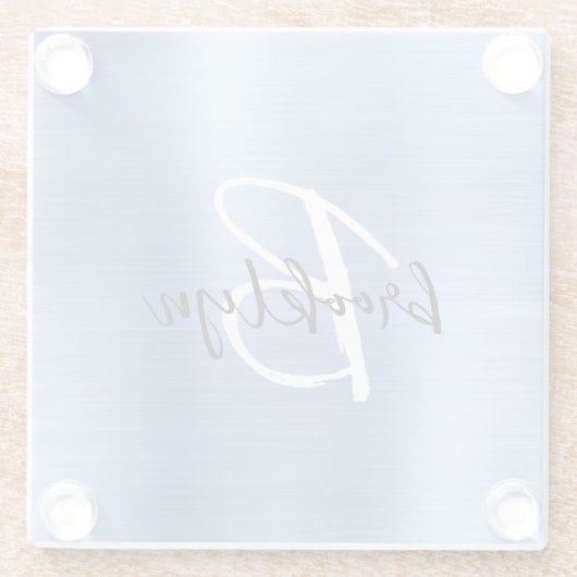 Blauw geborsteld metaal zwart wit script monogram glazen onderzetter (Achterkant)