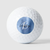 Blauw geborsteld metaal zwart wit script monogram golfballen (Voorkant)