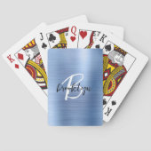 Blauw geborsteld metaal zwart wit script monogram pokerkaarten (Achterkant)