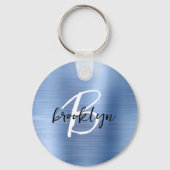 Blauw geborsteld metaal zwart wit script monogram sleutelhanger (Voorkant)