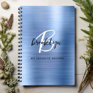 Blauw geborsteld metalen monogram receptenboek notitieboek