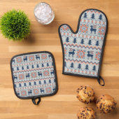 Blauw gebreide kersttrui rendierpatroon ovenwant & pannenlap set (Top down)