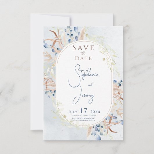 Blauw Gedroogde Boho Bloemen Blauw Bruiloft Save The Date (Voorkant)