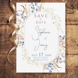 Blauw Gedroogde Boho Bloemen Witte Bruiloft Save The Date