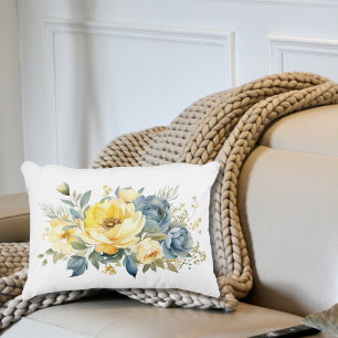 Blauw Geel Aquarel Bloem Motief Slaapkamer Woonkam Accent Kussen