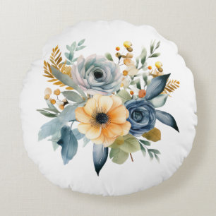 Blauw Geel Aquarel Bloem Wildbloem Botanisch Rond Kussen