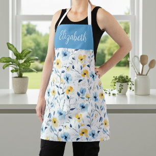 Blauw Geel Aquarel Wilde Bloem Eigen Naam Schort