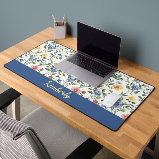 Blauw Geel Aquarel Wilde Bloem Monogram Naam Bureaumat (Kantoor 2)