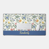 Blauw Geel Aquarel Wilde Bloem Monogram Naam Bureaumat (Keyboard & Muis)